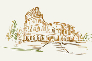Rysynek ręcznie rysowany. Widok na koloseum w Rzymie - obrazy, fototapety, plakaty