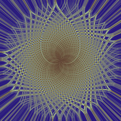Fototapeta premium Psychedelic pattern of white and gold lines on a brown and blue background. Curved lines form the petals emanating from the center. Surface with distortion effect.