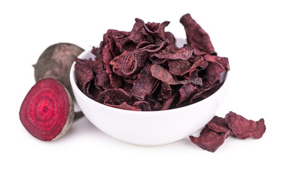 Beetroot Chips as detailed close-up shot isolated on white background (selective focus)