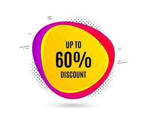 Up to 60% Discount. Banner text shape. Sale offer price sign. Special offer symbol. Save 60 percentages. Geometric vector banner. Discount tag text. Gradient shape badge. Halftone pattern. Vector