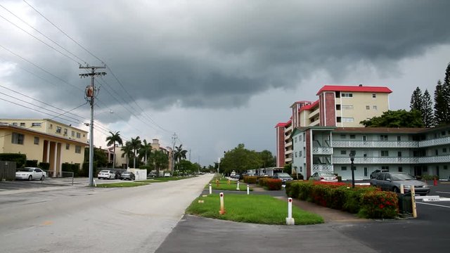 Big Rain Storm with Gray Clouds Approaching Condominiums in a Summer Morning in Pompano Beach, Florida