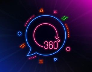 360 degrees line icon. Neon laser lights. VR simulation sign. Panoramic view symbol. Glow laser speech bubble. Neon lights chat bubble. Banner badge with 360 degrees icon. Vector