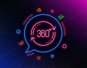 360 degree line icon. Neon laser lights. Full rotation sign. VR technology simulation symbol. Glow laser speech bubble. Neon lights chat bubble. Banner badge with full rotation icon. Vector