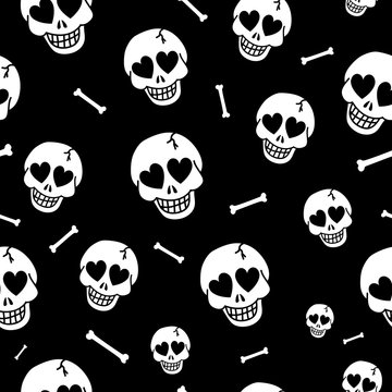 Seamless background with hearts and skulls. Skull love heart pattern. Deadly amur background. Vector texture