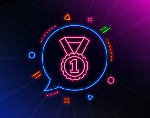 Reward Medal line icon. Neon laser lights. Winner achievement or Award symbol. Glory or Honor sign. Glow laser speech bubble. Neon lights chat bubble. Banner badge with best rank icon. Vector