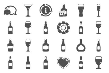 Wine bottle icons. Set of Craft beer, Whiskey and Wine glass icons. Champagne bottle, Alcohol drink and Scotch with ice. Wineglass, Beer glass and Restaurant goblet signs. Beverage drink. Vector