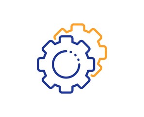 Cogwheel sign. Settings gears line icon. Working process symbol. Colorful outline concept. Blue and orange thin line settings gears icon. Vector