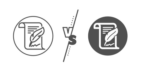 Copywriting sign. Versus concept. Feather signature line icon. Feedback symbol. Line vs classic feather icon. Vector