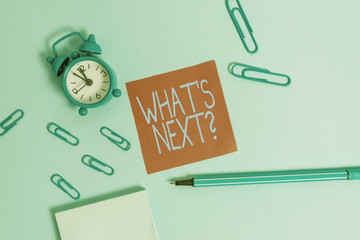 Conceptual hand writing showing What S Next Question. Concept meaning asking demonstrating about...