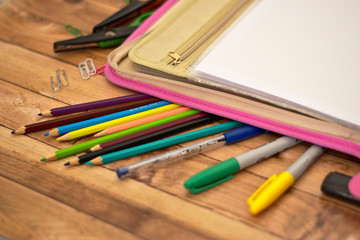 A binder with tools on the sides, with two white sheets. And some numbers found above. All on a wooden background.