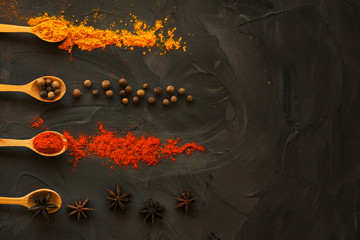  spices on a black background paprika turmeric black pepper star anise