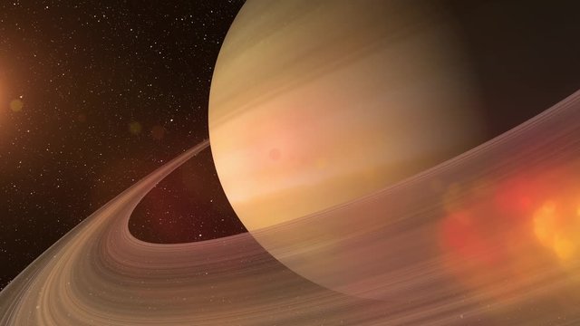Giant gas planet Saturn and rings CG animation. Realistic 3D rendering of beautiful planet Saturn with rising sun. 