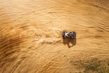 Aerial view of Quad bikes driving in the sand . © valdisskudre