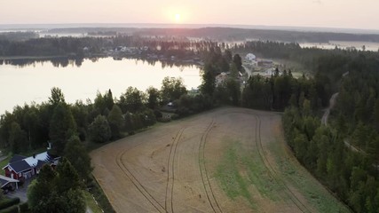 Drone flying to early summer sunrise over ripe wheat field, forest, lake and houses below. Very quiet and slightly foggy on the ground. Warm, probably summer day coming