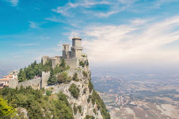 Fototapeta na wymiar A beautiful view of the tower of Guaita on Mount Monte Titano in the Republic of San Marino