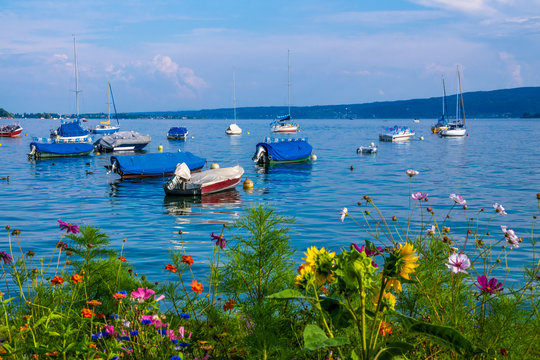 Ferien am sch&ouml;nen Bodensee Sommerzeit mit bunten Blumen und Booten