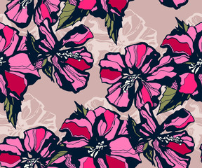 Seamless floral pattern with hibiscus and ornamental hand drawing decorative background. Ethnic seamless pattern ornament. Vector pattern. Print for textile, cloth, wallpaper, scrapbooking