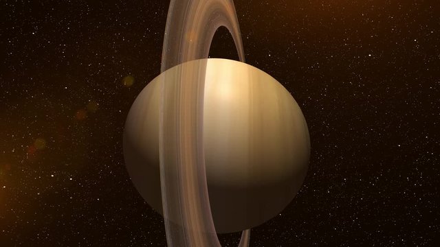 Beautiful planet Saturn and rings 3D rendering. Rising sun near Saturn with sun flare, gas planet is rotating. 