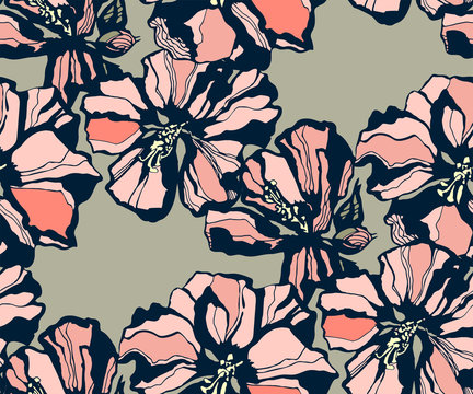 Seamless floral pattern with hibiscus and ornamental hand drawing decorative background. Ethnic seamless pattern ornament. Vector pattern. Print for textile, cloth, wallpaper, scrapbooking