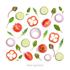 Pattern made of tomato, cucumber, onion rings