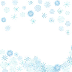 Fototapeta na wymiar Watercolor hand painted nature winter border frame composition with different blue snowflake snowfall isolated on the white background for invitations and greeting card with the space for text