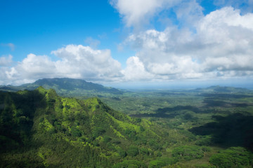 Fototapeta na wymiar Kauai island landscape green hills and clouds 