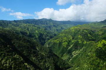 Valley and mountains in Kauai island landscape 