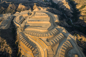 Aerial view of hillside construction grading above the San Fernando Valley in Los Angeles,...