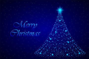 Christmas tree card background. Shining Christmas tree. Glow dots and glittering snowflakes on blue background. Vector.