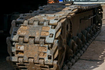 Detail of the of tracked wheel. Special equipment at a construction site.