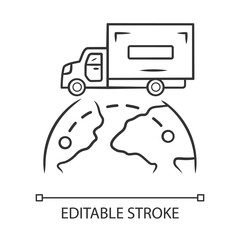 International delivery linear icon. Goods import and export. Worldwide shipping. Global freight transportation. Cargo shipment logistics. Contour symbol. Vector isolated drawing. Editable stroke