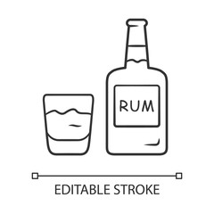Rum linear icon. Bottle and old-fashioned glass with alcoholic drink. Alcohol bar beverage for cocktails. Thin line illustration. Contour symbol. Vector isolated outline drawing. Editable stroke