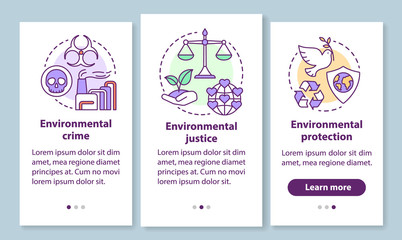 Environmental law onboarding mobile app page screen with linear concepts. Environment crime, justice & protection walkthrough steps graphic instructions. UX, UI, GUI vector template with illustrations