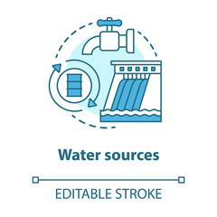 Water sources concept icon. Drinking water supplies idea thin line illustration. Reasonable usage and management of aqua resources. Vector isolated outline drawing. Editable stroke