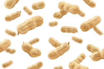 Falling peanut isolated on white background, selective focus