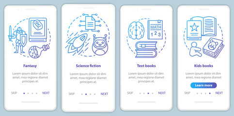 Books catalogue onboarding mobile app page screen with linear concepts. Fantasy, sci fi, kids books walkthrough steps graphic instructions in blue. UX, UI, GUI vector template with illustrations