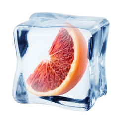 red blood orange in ice cube, isolated on white background, clipping path, full depth of field