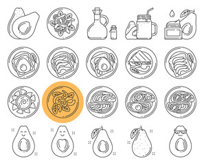 Avocado line icons set. Includes such Icons as Whole and cut Avocado, Salad, Sandwich, Toast, Oil, Guacamole, Cream.