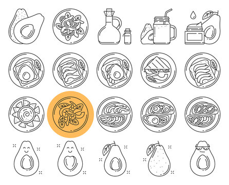 Avocado line icons set. Includes such Icons as Whole and cut Avocado, Salad, Sandwich, Toast, Oil, Guacamole, Cream.