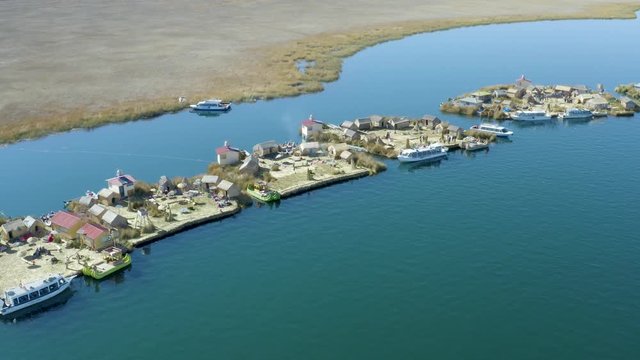 Aerial view around Uros island. A must for tourists on Lake Titicaca, Puno, Peru