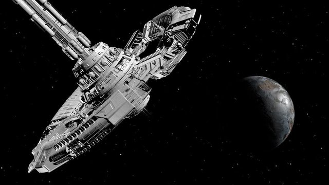 International Space Station spaceship Orbiting Earth planet 3D. Starry sky background.Black and white animation 3d. View of the artificial satellite observatory, landscape in 4k