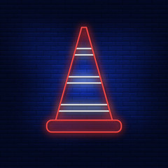 Neon illumination of the road cone. A vivid illustration of a traffic cone. Modern vector logo, banner, shield, road fence pattern. Night advertising on the background of a brick wall.