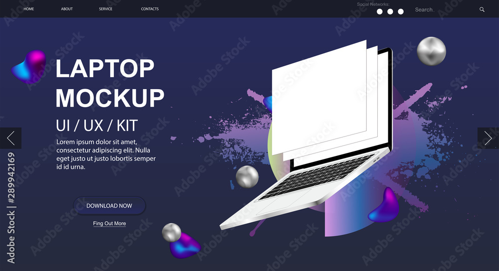 Aufkleber Laptop rotated position Mockup and website design. Realistic Notebook with blank blank web wireframing screens. Laptop perspective view. Template for infographics or presentation UI design. Vector