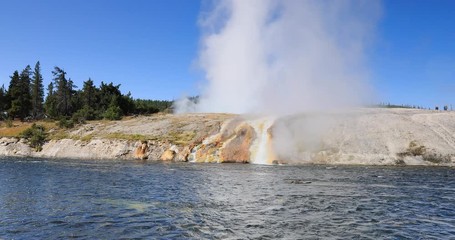 Yellowstone National Park geyser basin steam. Geothermal ecosystem environment. Largest super volcano on the continent. Biology geography and ecology. Millions of tourist.