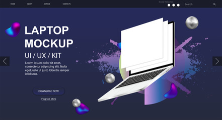 Laptop rotated position Mockup and website design. Realistic Notebook with blank blank web wireframing screens. Laptop perspective view. Template for infographics or presentation UI design. Vector