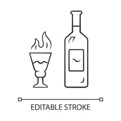 Absinthe linear icon. Bottle and tall footed glass with flaming shot. Distilled highly alcoholic beverage. Thin line illustration. Contour symbol. Vector isolated outline drawing. Editable stroke