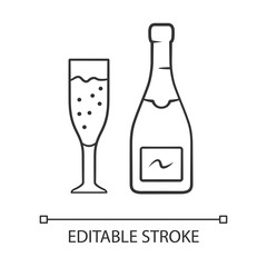 Champagne linear icon. Uncorked bottle, flute glass of sparkling wine. Champaign. Anniversary, birthday drink. Thin line illustration. Contour symbol. Vector isolated outline drawing. Editable stroke