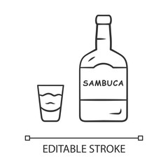 Sambuca linear icon. Bottle and shot glass with drink. Italian anise-flavoured liqueur. Alcoholic beverage. Thin line illustration. Contour symbol. Vector isolated outline drawing. Editable strok