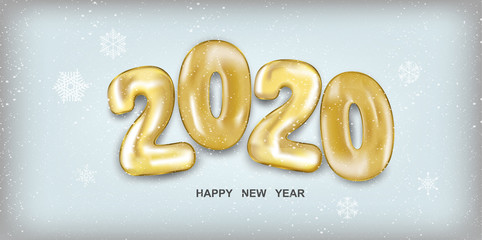 2020 Happy New Year. Holiday vector illustration. Golden numbers balls in 3d realistic style with snow. Festive banner design. Happy New 2020 Year poster. Vector illustration