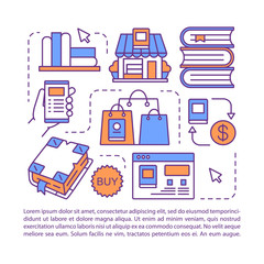 Fototapeta premium Online bookstore article page vector template. Brochure, magazine, booklet design element with linear icons. Digital library, bookshop website. Print design. Concept illustrations with text